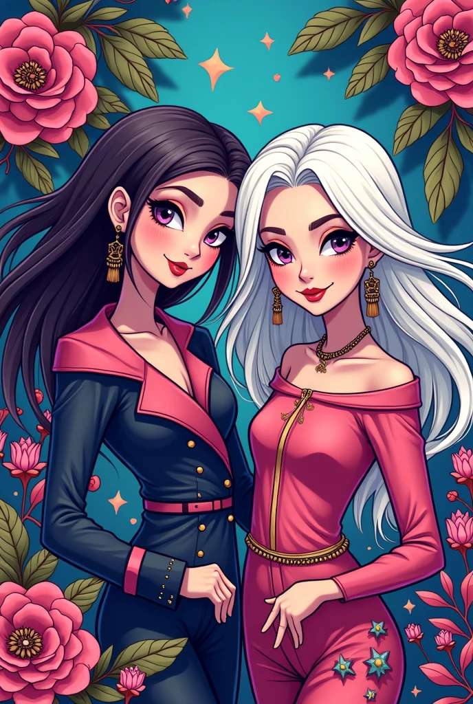 Make a logo ( the carzy gurls momos ) adding a two girl characters with dark pink and white colour gorgeous background