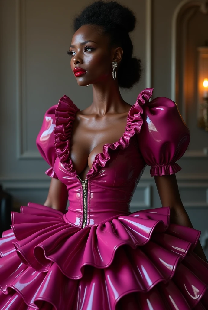 slim latex magenta maid, ebony, puff sleeve, many ruffles, neckline,very very red lips, show the whole body, voluminous skirt, The whole dress touches the floor, (vagina), (shaved pussy)