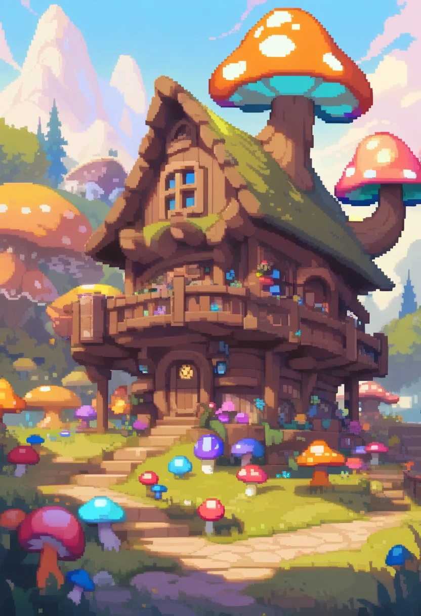 Pixels_art, Tree House , Beautiful hobbit house on the hill, bright colors, Colorful mushrooms