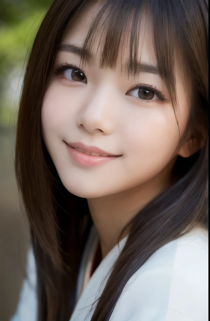 best quality, face focus, soft light, ultra high res, (photorealistic:1.4), RAW photo,(Shinozaki Ai), (fair skin), (kawaii),
1 Japanese girl, solo, cute, smile, (pupil, lights in the eyes),  detailed beautiful face, Medium-sized breasts,(high resolution detail of human skin texture),(long hair),(portrait), upper body, traditional white kimono
