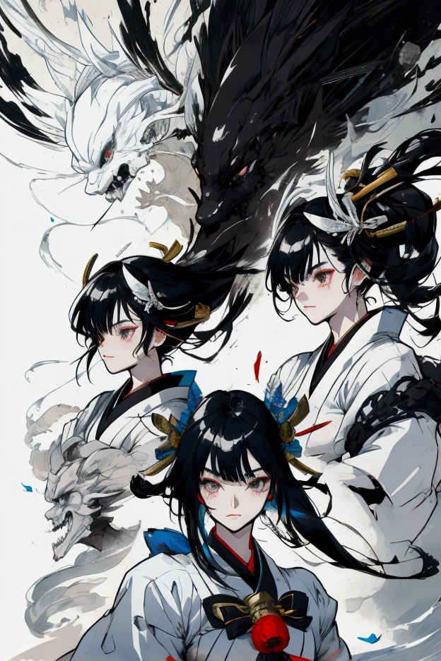 Character Design Character Reference Sheet Concept Character black and white manga style Taisho Romance action Japanese sword man Women samurai delicate whole body full body