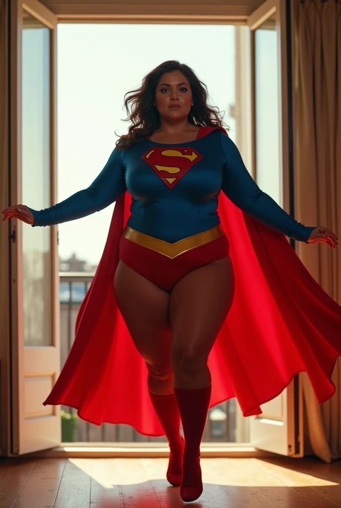 ((super detailed)),(super detailed), highly detailed 8k CG unified wallpaper, bodysuit, pose, cowboy photo, lens flare.The girl is Kara Zor-El (supergirl from DC ) has a plump,blonde hair, chubby body. Her height is about 5 feet 2 inches (157 cm), similar to her mother's large body. Her skin is white and smooth. In terms of facial features, she has soft and lustful facial features. She has a slim nose and plump, naturally rosy lips. Her eyebrows are beautifully shaped and neatly curved, framing her eyes beautifully. She is very big and has a beautiful figure. they are big and you can see the outline of her nipples. Overall, her (lewd, drooling) smile conveys her lecherous, slut-like nature. A sexy girl with a big and thick body is wearing a bodysuit where you can see all her curves and her hair hugs her nipples. She has thick breasts and the suit is very tight and covers her entire body, you can see all her curves and body. The full body suit is very tight, you can see her entire body, her slim waist, she's a girl ready to be a fucking machine,with a cock-craving cunt,Her body sways and you can see her breasts are full of milk flowing out, (thick thighs:1.3)
