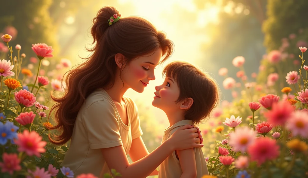 In the flowers,Mother and child face to face,Disney style