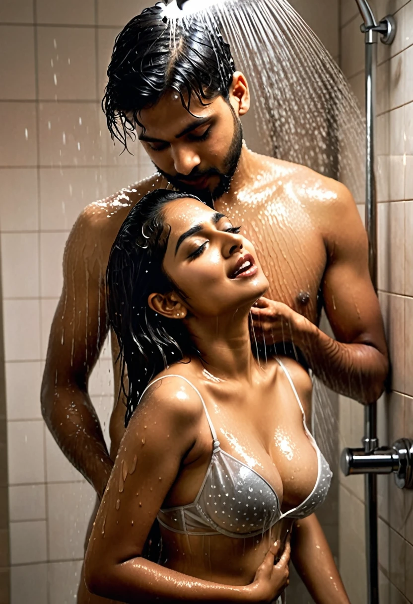 Beautiful young indian mom and handsome son showering together romantically