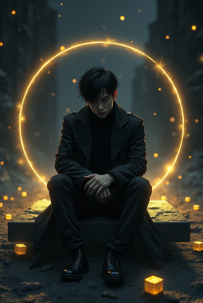A boy with black hair and a black coat sits on a dark universe platform, bound by glowing golden cube shackles. Golden cubes float around him in a circular orbit. He looks down with no emotion, surrounded by the cold expanse of space
