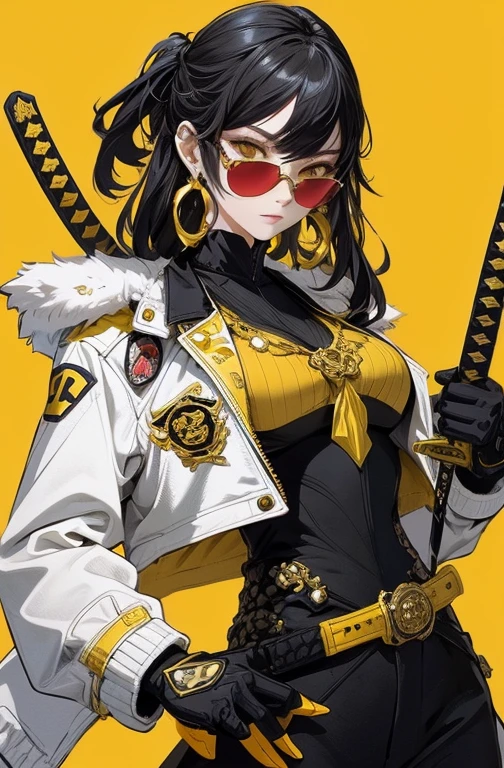 The image shows an illustration of a woman with a high hairstyle and loose locks, wearing yellow sunglasses and cross earrings. He wears a fitted white jacket with insignia and a pair of yellow tiger-print gloves.. He leans on the hilt of a katana with a yellow and black handle.. The background is a vibrant red that highlights the central figure.. The illustration combines modern elements with traditional Japanese touches..