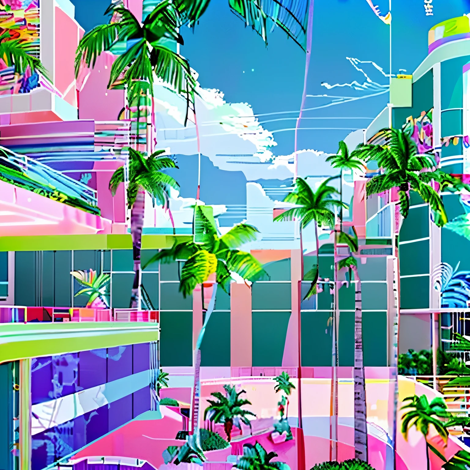 Cartoon style illustration of a beach landscape with a phone and plants, 8 0ies aesthetics, 80s aesthetic, Vaporwave Wallpaper Environment, The aesthetics of Vaporwave Mall, 80s art decor, 1980s aesthetic, 1 9 8 0 s aesthetics, maximalist vaporwave, maximalist maximalism vaporwave, 8 0 airbrush aesthetics