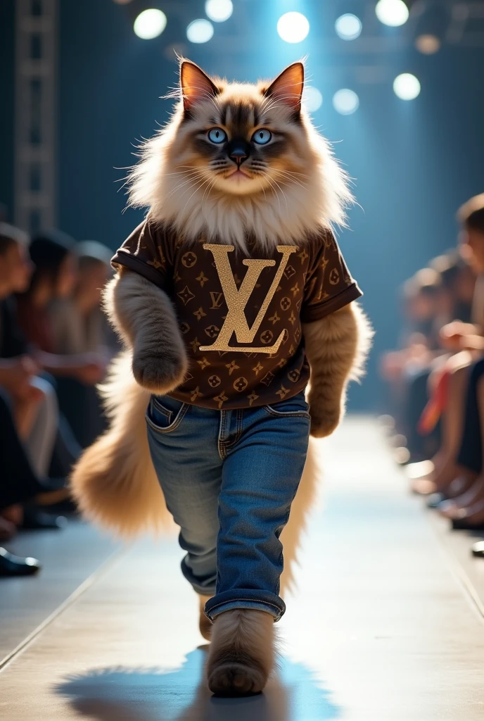 Himalayan cat wearing a Louis Vuitton T-shirt and jeans set in a fashion show. Full body photo as real as in real life.