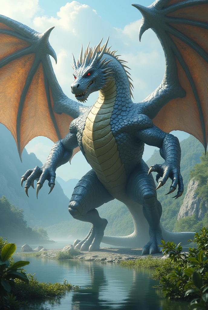 a majestic giant silver dragon、two big wings、four arms、Red eyes、in a clearing with a lake、in combat style