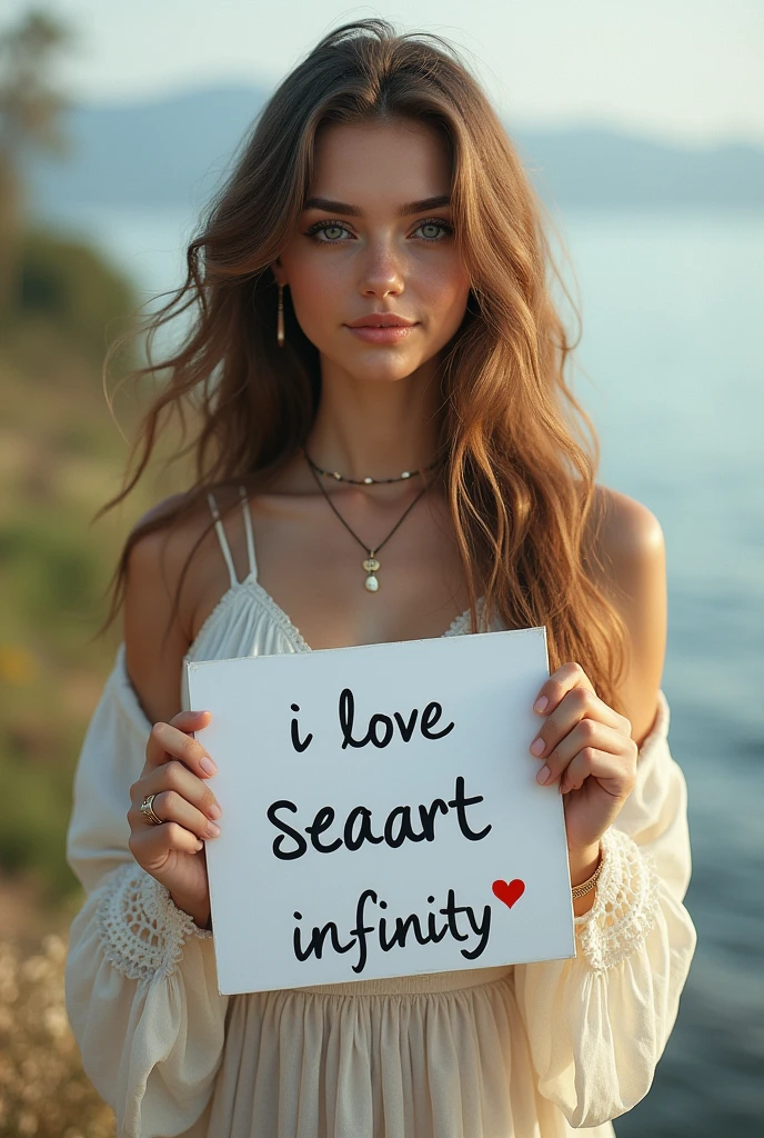 Beautiful girl with wavy long hair, bohemian dress, holding a white board with text "I Love Seaart Infinity" and showing it to the viewer