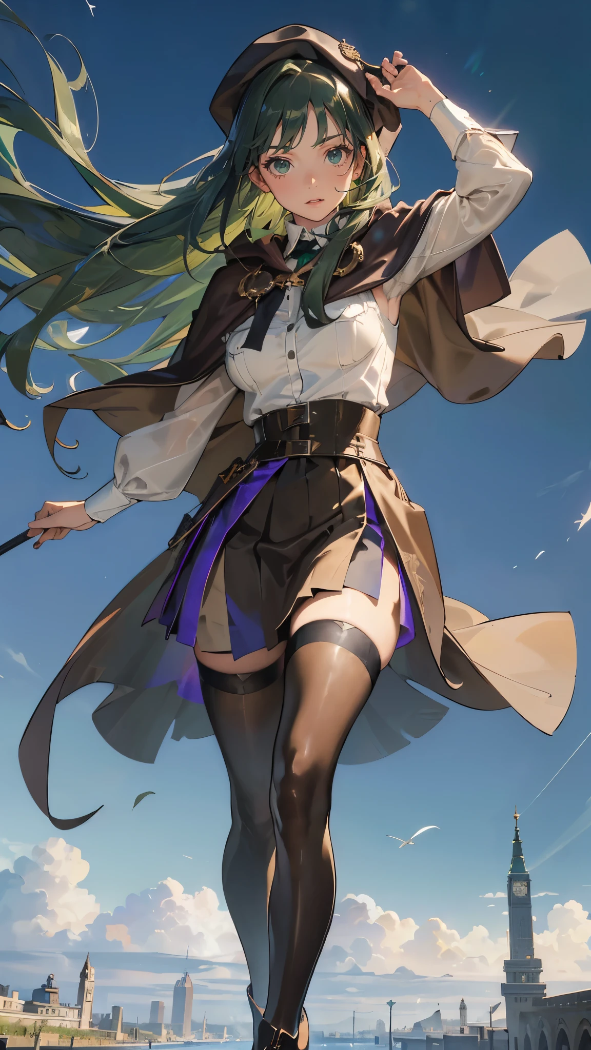 masterpiece, Super detailed, 8K portrait, RAW photo, portrait photography, highly detailed face, beautiful and detailed eyes, ((fantasy)), young and beautiful, 22 years ago, dynamic pose, (((long straight deep green hair))), ((One side is woven with orange ribbon)), dull bangs, beret, white skin color, luxury, hooded (((Dark brown))) (((Silk Long Cloak))) fluttering in the wind, (((dress shirt))), (((silk maxi skirt))), leather corset, (((dark thigh high tights))), High Cut Leather Boots, (((Lift a long magic wand))), ((wear a pocket watch)), midday sun, surreal, body model, small breasts, beautiful breasts, long legs, city, environmental lighting, shadow details , focus the camera on the face, strong wind, light fog