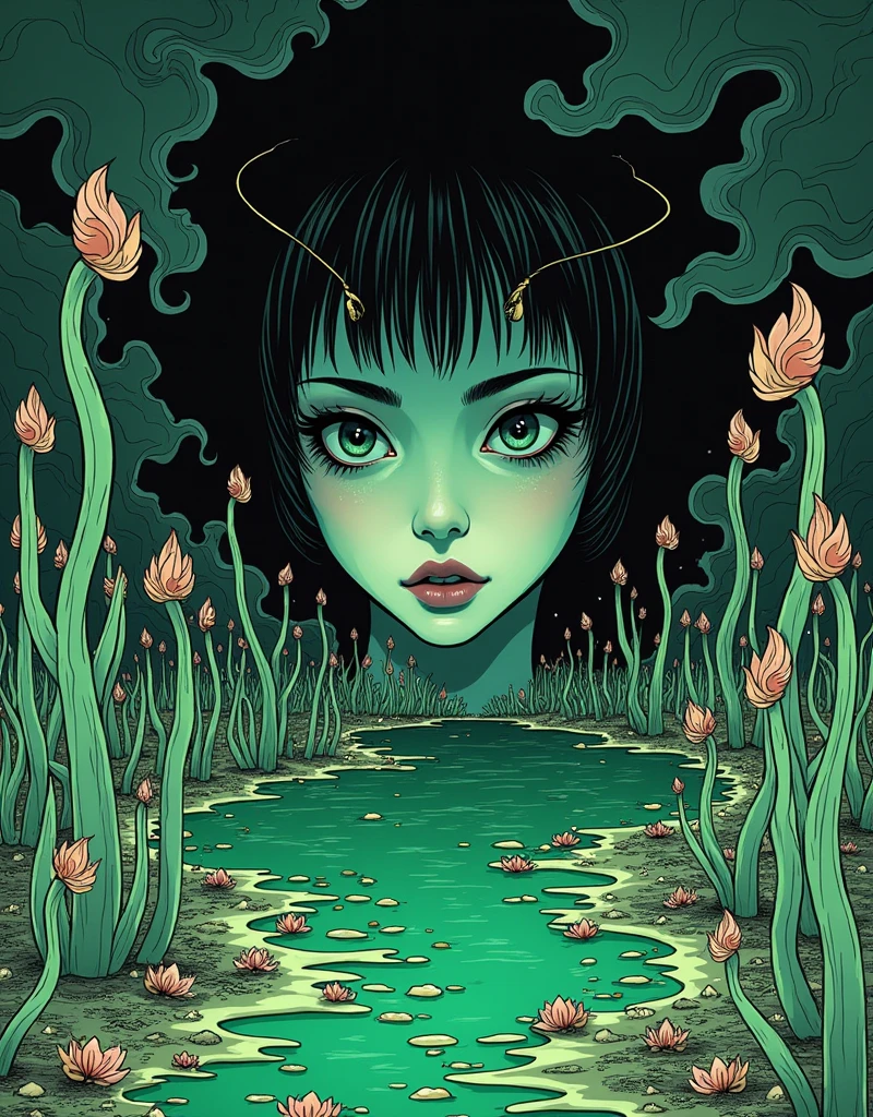 (Ultra-detailed face, look away, Gothic Fantasy Illustration, Ukiyo-e, comic art, colorful),
rest
(This is a world made of green acid. In the acid pond, There was a cloud of smoke and acrid green fumes. Plants made of fiberglass absorb acid from their roots, And acid drips from their trunks, stem, And leaves like rain.)