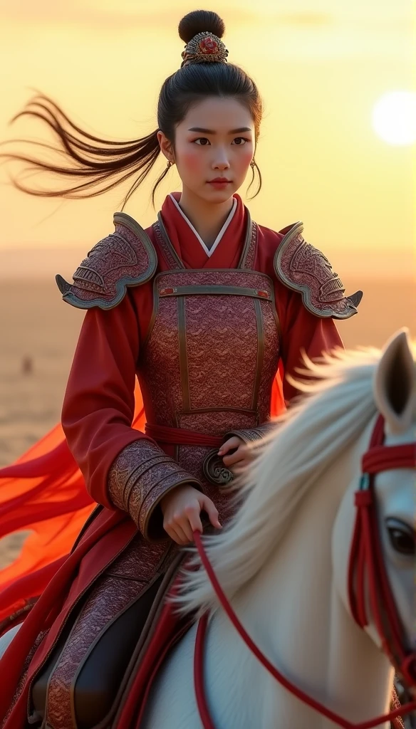 Woman in red riding a white horse on a beach at sunset - SeaArt AI