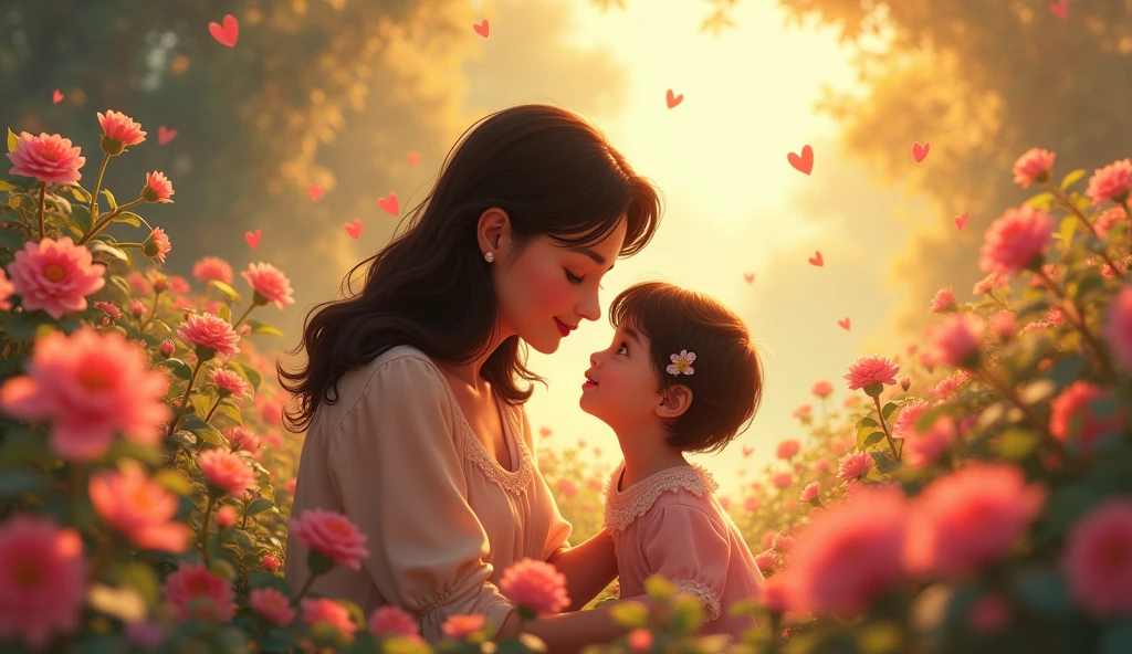 In the flowers,Mother and child face to face,Smiling at the camera,Disney style,Warmth
