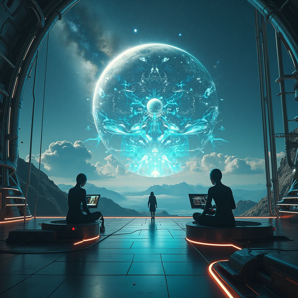  a hyper-realistic image capturing a futuristic simulated world, where a foreign race, controlled by galactic artificial intelligence, observes humanity. Main elements:

	1.	A simulated world: Krajina s technologickými a kozmovými prvkami, which create the illusion of an infinite universe. Majestic starry skies, artistic depictions of galaxies and ultra-modern architecture emphasize the artificial nature of the environment.
	2.	Observers: An alien race watches humanity and its development in technological devices. Display their technologically advanced observatories and holograms with analytical data on human behavior and philosophical approaches.
	3.	Rhizome Society: Show human technologies and systems organized in dynamic, nonlinear networks. Použite futuristické obrazovky a hologramy, which illustrate decentralized structures and research in the field of energy technologies.
	4.	Language and deconstruction: Zobraziť interakcie medzi ľuďmi a ich jazykovými systémami, which are flexible and constantly changing. Visualize abstract symbols and texts, which illustrate Derrida&#39;s theory of the ever-changing meaning of words and their impact on reality.
	5.	The discovery of true reality: In the background, show the transition from the simulated world to reveal the real one, smaller universe. Zobrazte, how humanity adapts to the new, complex universe and interacts with new life forms.

Capture these elements in epic proportions and with an emphasis on hyper-realistic detail, so that the image clearly depicts, as an alien race observes and analyzes the dynamics of human development and philosophical concepts.