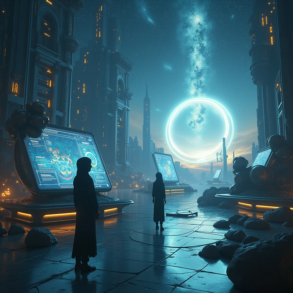  a hyper-realistic image capturing a futuristic simulated world, where a foreign race, controlled by galactic artificial intelligence, observes humanity. Main elements:

	1.	A simulated world: Krajina s technologickými a kozmovými prvkami, which create the illusion of an infinite universe. Majestic starry skies, artistic depictions of galaxies and ultra-modern architecture emphasize the artificial nature of the environment.
	2.	Observers: An alien race watches humanity and its development in technological devices. Display their technologically advanced observatories and holograms with analytical data on human behavior and philosophical approaches.
	3.	Rhizome Society: Show human technologies and systems organized in dynamic, nonlinear networks. Použite futuristické obrazovky a hologramy, which illustrate decentralized structures and research in the field of energy technologies.
	4.	Language and deconstruction: Zobraziť interakcie medzi ľuďmi a ich jazykovými systémami, which are flexible and constantly changing. Visualize abstract symbols and texts, which illustrate Derrida&#39;s theory of the ever-changing meaning of words and their impact on reality.
	5.	The discovery of true reality: In the background, show the transition from the simulated world to reveal the real one, smaller universe. Zobrazte, how humanity adapts to the new, complex universe and interacts with new life forms.

Capture these elements in epic proportions and with an emphasis on hyper-realistic detail, so that the image clearly depicts, as an alien race observes and analyzes the dynamics of human development and philosophical concepts.