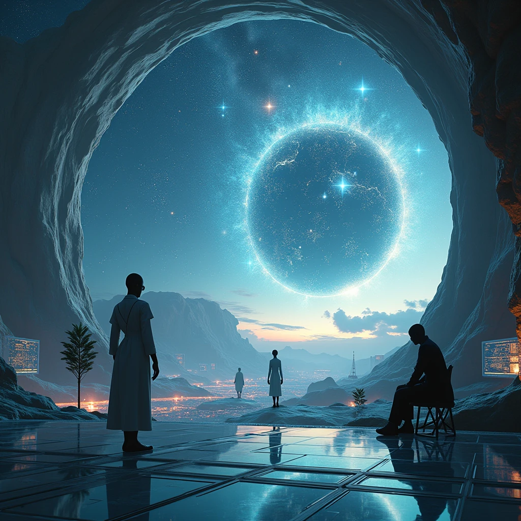 a hyper-realistic image capturing a futuristic simulated world, where a foreign race, controlled by galactic artificial intelligence, observes humanity. Main elements:
1. A simulated world: Krajina s technologickými a kozmovými prvkami, which create the illusion of an infinite universe. Majestic starry skies, artistic depictions of galaxies and ultra-modern architecture emphasize the artificial nature of the environment.
2. Observers: An alien race watches humanity and its development in technological devices. Display their technologically advanced observatories and holograms with analytical data on human behavior and philosophical approaches.
3. Rhizome Society: Show human technologies and systems organized in dynamic, nonlinear networks. Použite futuristické obrazovky a hologramy, which illustrate decentralized structures and research in the field of energy technologies.
4. Language and deconstruction: Zobraziť interakcie medzi ľuďmi a ich jazykovými systémami, which are flexible and constantly changing. Visualize abstract symbols and texts, which illustrate Derrida's theory of the ever-changing meaning of words and their impact on reality.
5. The discovery of true reality: In the background, show the transition from the simulated world to reveal the real one, smaller universe. Zobrazte, how humanity adapts to the new, complex universe and interacts with new life forms.
Capture these elements in epic proportions and with an emphasis on hyper-realistic detail, so that the image clearly depicts, as an alien race observes and analyzes the dynamics of human development and philosophical concepts.