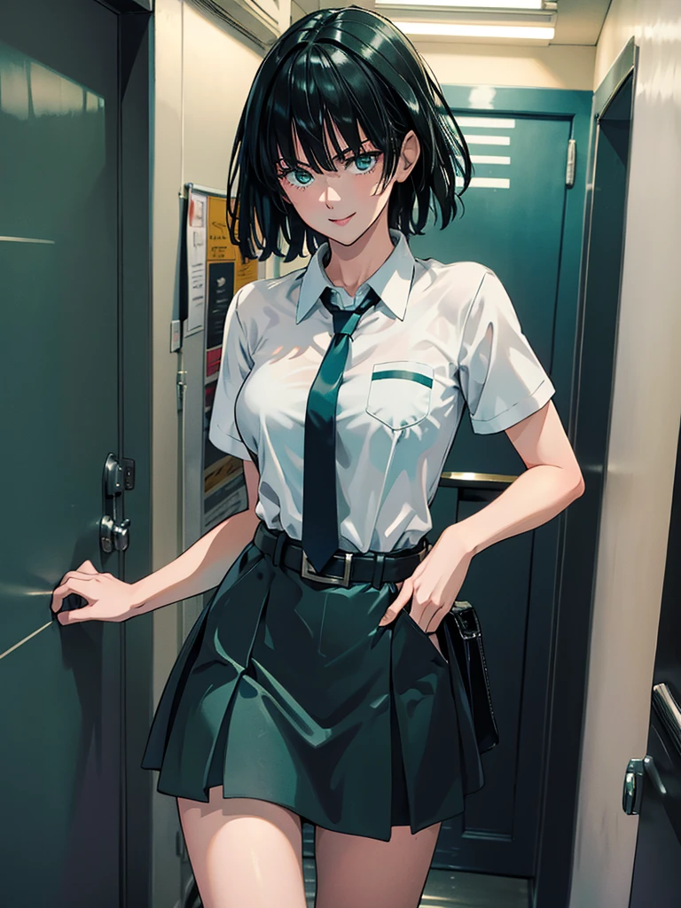 (high res, 8K, masterpiece, looking at viewer, best quality, very aesthetic, ultra detailed, ultra background, ultra Eyes) intricate details, 1girl, Fubuki, short sleeved white shirt, Light Blue Gray short skirt, Pockets on the left chest, Blue Gray Tie, Wearing a belt, dark green short hair, light green eyes, Smile Face, Background School Hallway, Cinematic Angle
