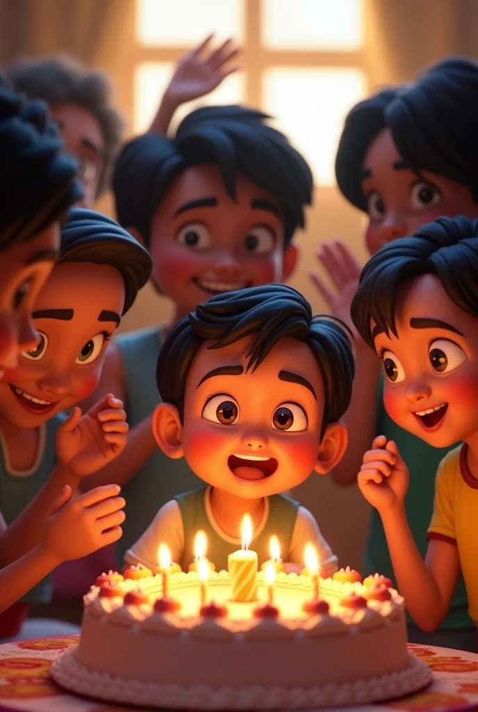 Vedansh's eyes widen with excitement as Motu reveals the cake.
- Vedansh and his friends gather around the cake, cheering and clapping.