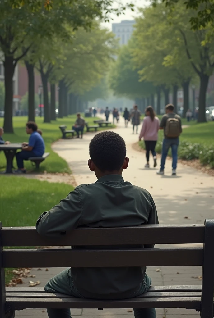 Genera s a  black boy sitting in a park with a blank and uncomfortable look while white people walk by 