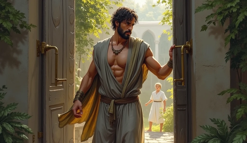 “A male Stoic philosopher, around 2, possesses a well-proportioned and attractive physique, his slightly tanned skin. His very short, well-trimmed beard and wavy, well-styled hair frame a face that exudes both wisdom and a subtle sensuality, drawing attention wherever he goes. He is dressed in classic tunics in soft earthy tones - gray, brown, and olive green - with subtle gold or copper details, which fall gently on his body, subtly revealing his shoulder.
In a symbolic garden, the philosopher stands near a clear boundary, marked by a sturdy gate or a distinct line. On the other side of this boundary, shadowy figures represent negative influences trying to encroach. The philosopher is seen firmly closing or reinforcing the gate, his expression resolute and focused, symbolizing the act of establishing clear boundaries to protect his well-being. The scene is painted in an impressionist style, with dramatic brushstrokes capturing the tension between the light on the philosopher’s side and the darker tones surrounding the figures beyond the gate. His face reflects determination, emphasizing the metaphor of setting limits to safeguard his inner peace.”