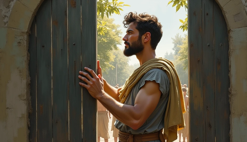 “A male Stoic philosopher, around 2, possesses a well-proportioned and attractive physique, his slightly tanned skin. His very short, well-trimmed beard and wavy, well-styled hair frame a face that exudes both wisdom and a subtle sensuality, drawing attention wherever he goes. He is dressed in classic tunics in soft earthy tones - gray, brown, and olive green - with subtle gold or copper details, which fall gently on his body, subtly revealing his shoulder.
In a symbolic garden, the philosopher stands near a clear boundary, marked by a sturdy gate or a distinct line. On the other side of this boundary, shadowy figures represent negative influences trying to encroach. The philosopher is seen firmly closing or reinforcing the gate, his expression resolute and focused, symbolizing the act of establishing clear boundaries to protect his well-being. The scene is painted in an impressionist style, with dramatic brushstrokes capturing the tension between the light on the philosopher’s side and the darker tones surrounding the figures beyond the gate. His face reflects determination, emphasizing the metaphor of setting limits to safeguard his inner peace.”