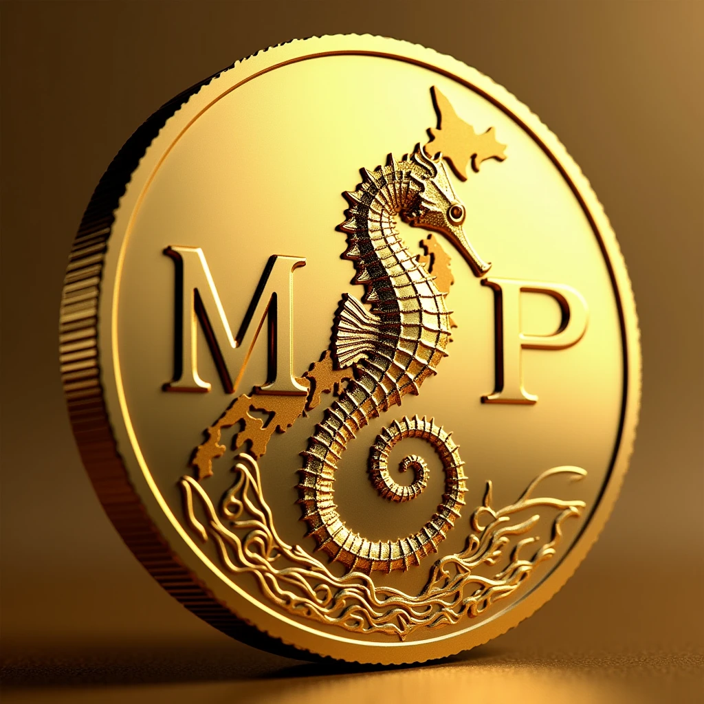 Please create a coin with the letters MJP and a seahorse design in the center.。There is a faint map of Japan.、 Gold High quality Luxurious image、Display the string SN024082901 at the bottom