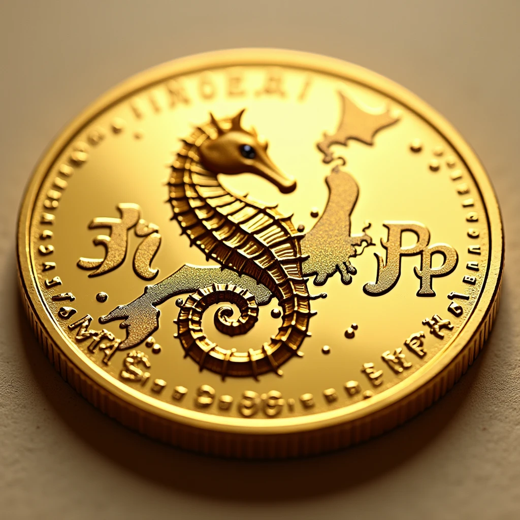 Please create a coin with the letters MJP and a seahorse design in the center.。There is a faint map of Japan.、 Gold High quality Luxurious image、Display the string SN024082901 at the bottom