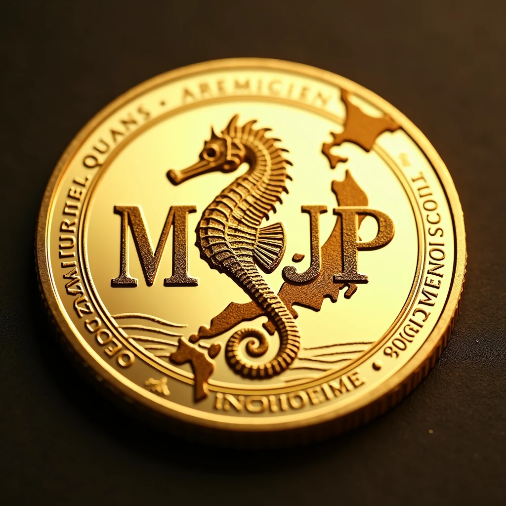 Please create a coin with the letters MJP and a seahorse design in the center.。There is a faint map of Japan.、 Gold High quality Luxurious image、Display the string SN024082901 at the bottom