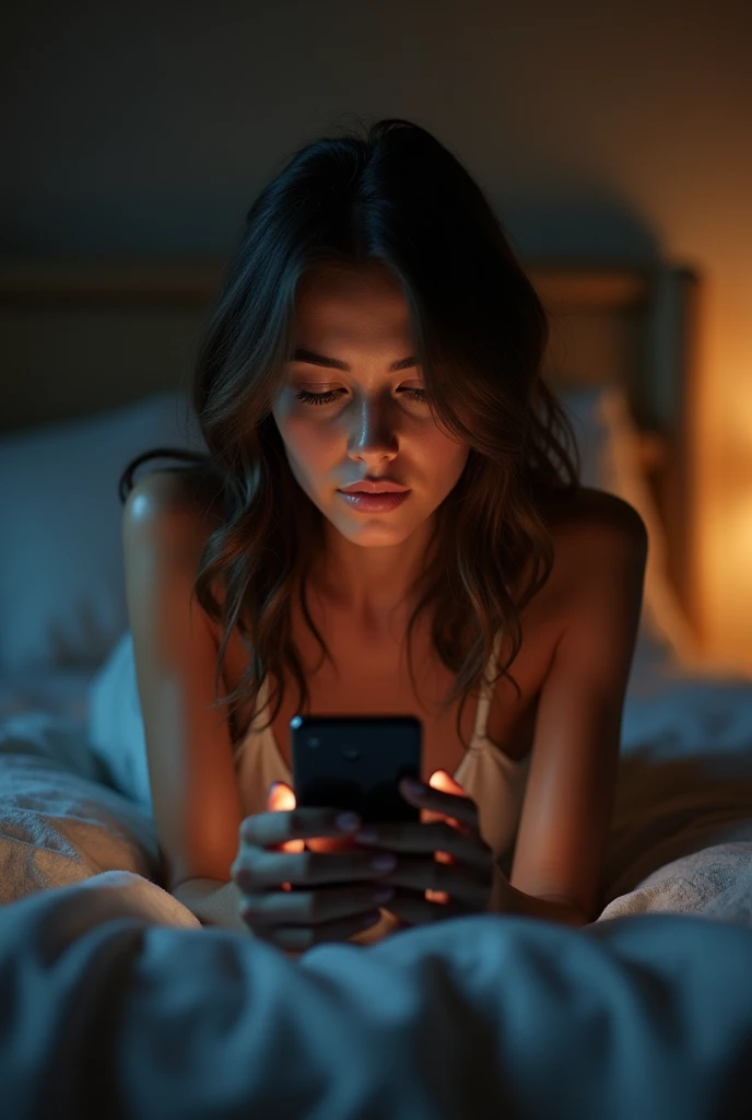 (photorealism:1.2), dim light bedroom, front view of a woman using phone, laying on her stomach, flushed expression