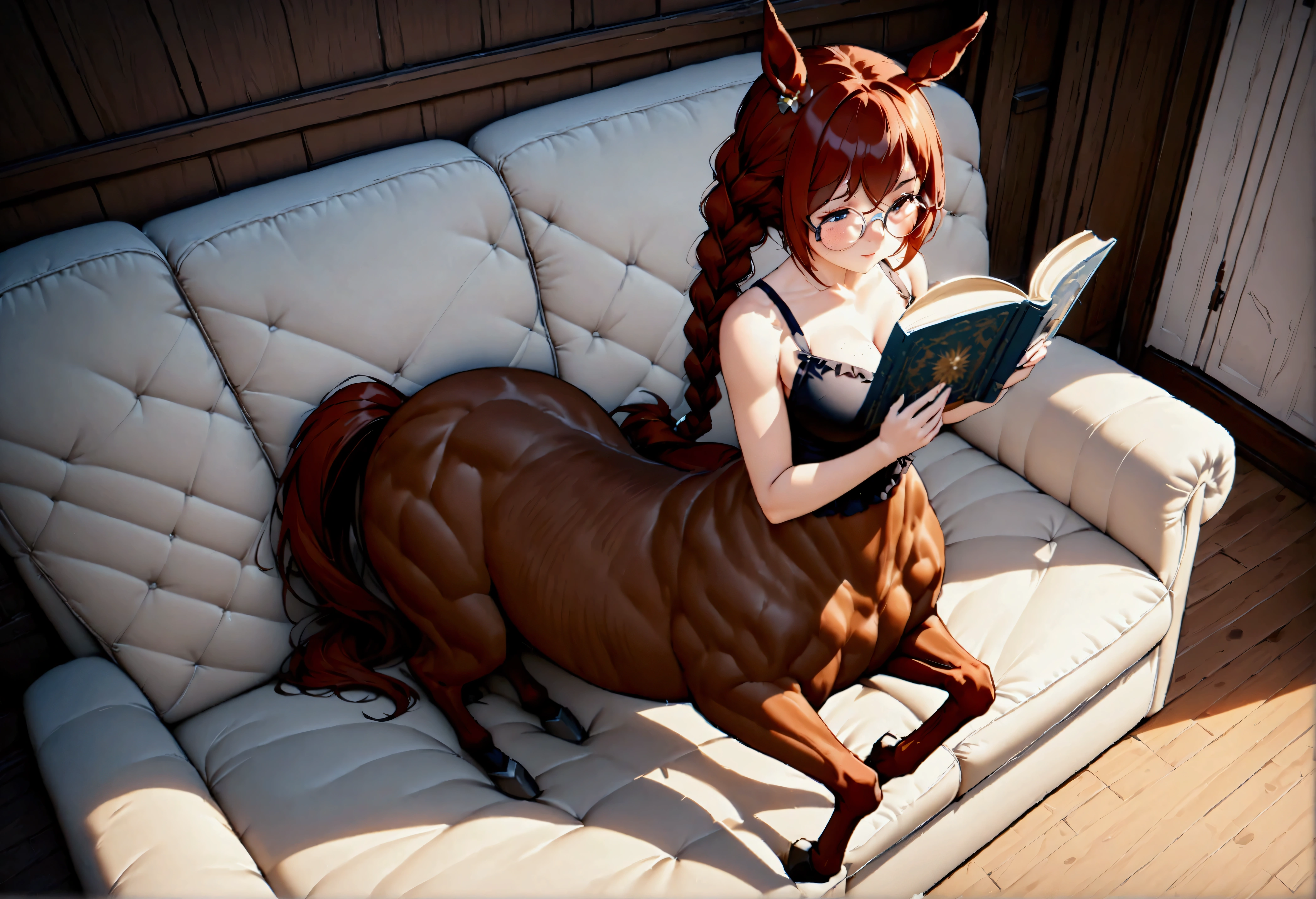 8k,wallpaper of extremely detailed CG unit, ​masterpiece,hight resolution,top-quality,top-quality real texture skin,hyper realisitic,increase the resolution,RAW photos,best qualtiy,highly detailed,the wallpaper,cinematic lighting,ray trace,golden ratio, BREAK ,1girl\(pretty, female, (centaur\((lower body is horse body:1.3),horse ear\):1.4), wearing soft dress, (sitting on soft sofa:1.3), reading a book, round glasses, red hair, long braids, freckles, BREAST\), background\(in calm and peaceful old house, warm light,old furnitures\),from above, dynamic angle,colorless