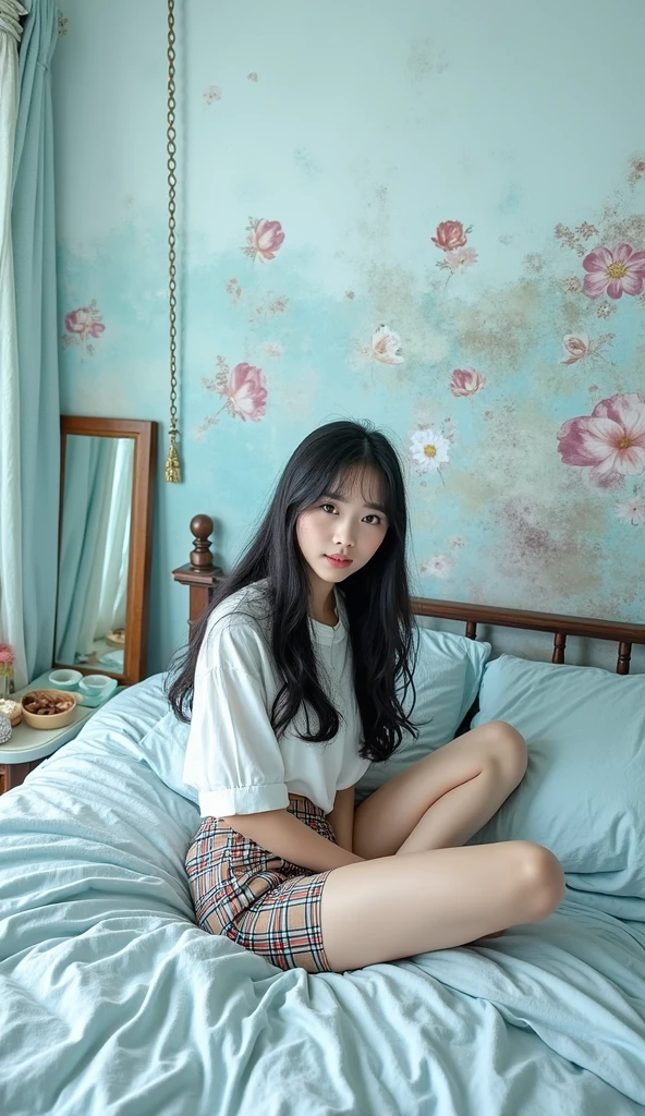 photorealistic image of a woman, ultrarealistic, photography, straight black hair, indonesian woman, small breasts, double eyelids, small messy bedroom, white shirt and tartan short pants