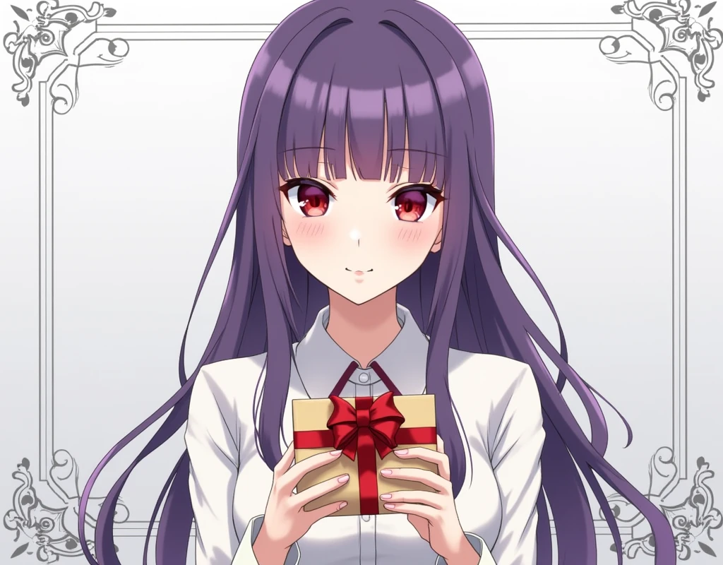 dal, 2d, anime, flat color, (intricate detail:1.2), 1girl, asagami_fujino, bangs, blunt_bangs, gift, highres, kara_no_kyoukai, photoshop_(medium), purple_hair, red_eyes, solo, vector_trace,, silver theme,