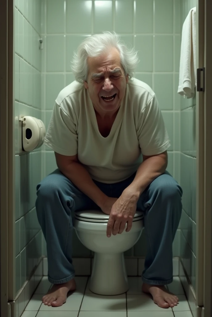A person sitting on the toilet with constipation,The expression is painful