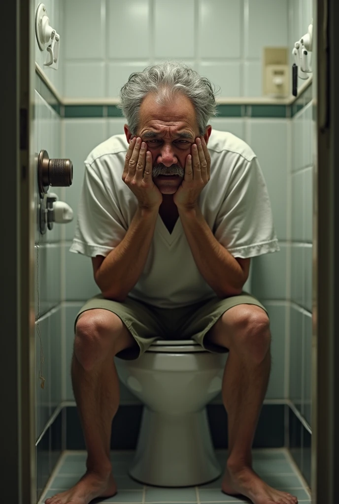 A person sitting on the toilet with constipation,The expression is painful