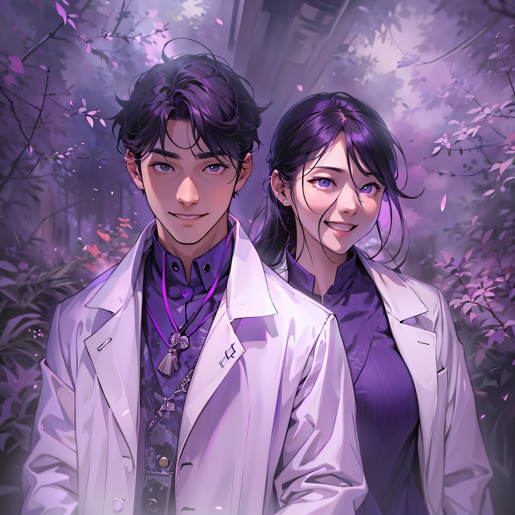 Imagine a MBTI logician、A man and woman in white coats and purple shirts smiling shyly。Create a mysterious atmosphere。