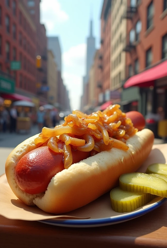 A New York-style hot dog with onion and pickle in New York