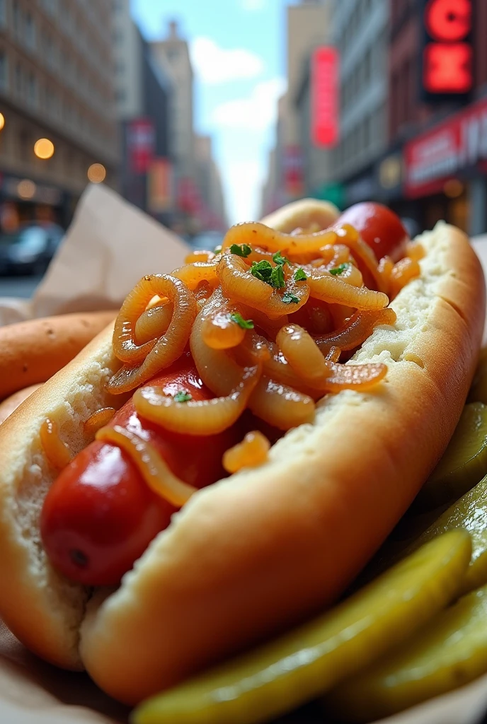 A New York-style hot dog with onion and pickle in New York 