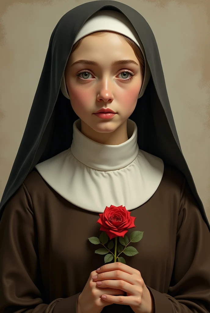realistic image of St. Thérèse she is a young Carmelite nun with a serene and gentle gaze, she is often depicted wearing the Carmelite habit which consists of a long brown dress and a white scapular, the dress covers her feet, she holds a rose, she is depicted with a contemplative expression, reflecting her deep spirituality and communion with God she is on average