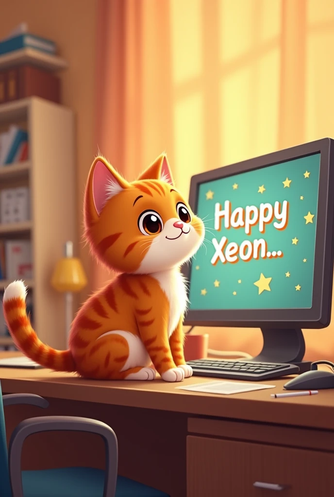 Create a cute cat in front of the computer. Orange theme. On the screen it says Happy Xeon.