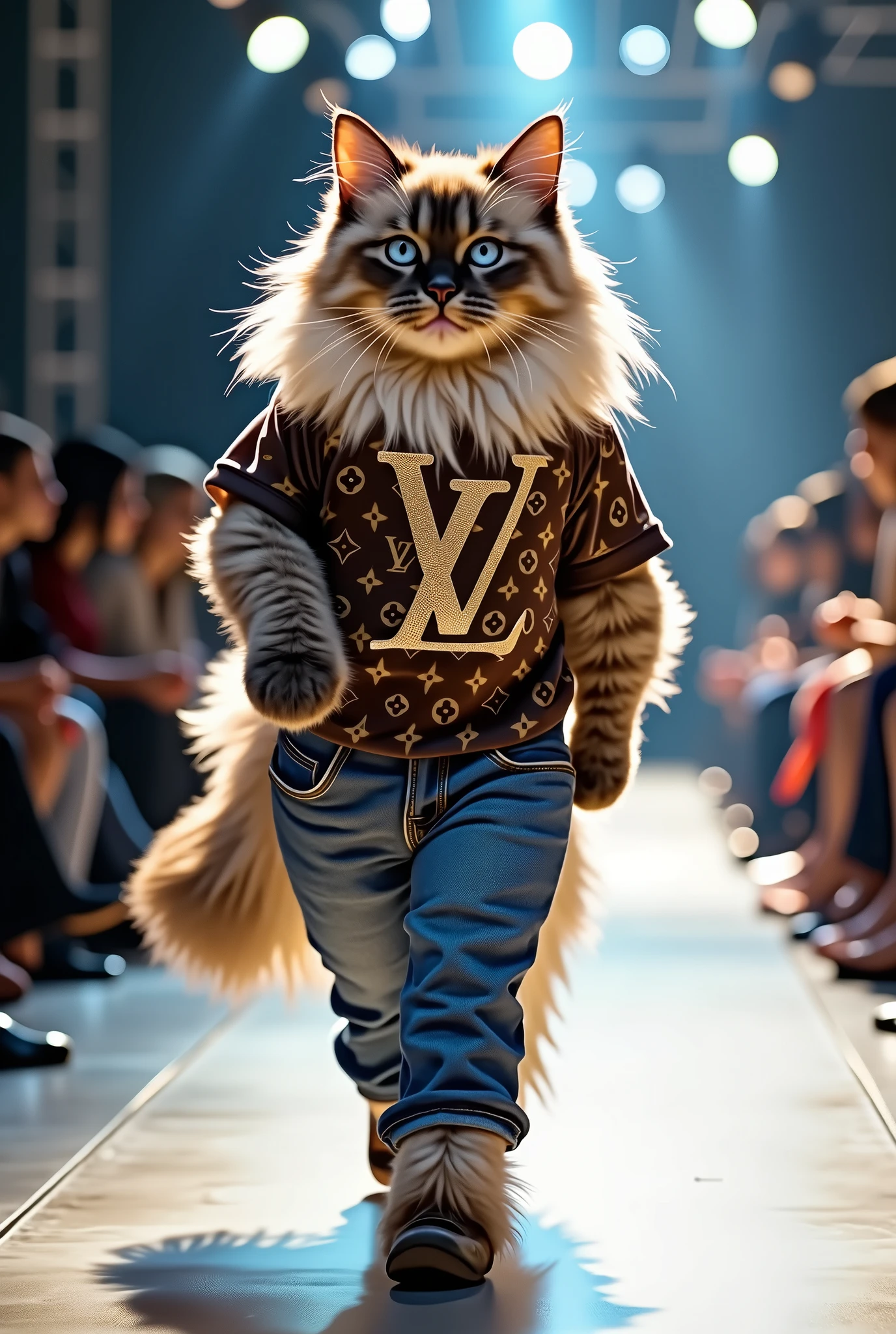 Himalayan cat wearing a Louis Vuitton T-shirt and jeans set in a fashion show. Full body photo as real as in real life.