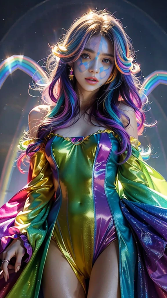 4K Ultra HD, Masterpiece, A girl with a magical aura, (good face:1.4), very Long hair, Detailed eyes, Glossy lips, ta costume, (rainbow costume:1.5), The aura around the body, Magical effect, Spread white light, Cosmic elements and ethereal atmosphere, A mix of bright lights and colorful nebulae, universe background, Perfect body,