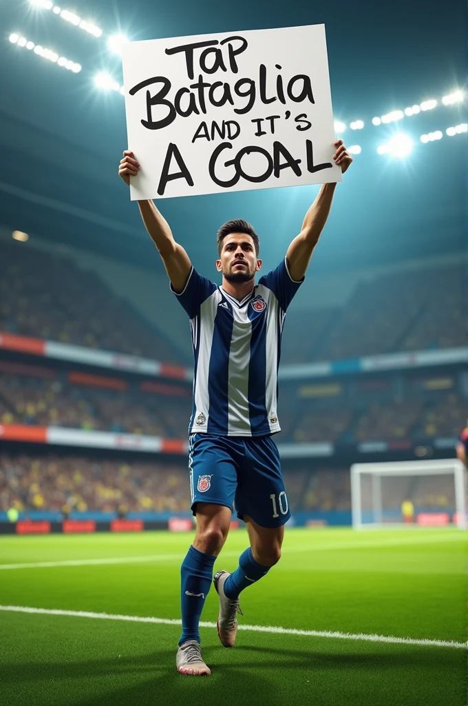 Player Caleri of the Sao Paulo football team holding a white sign with the words : Tap Bataglia and it's a goal