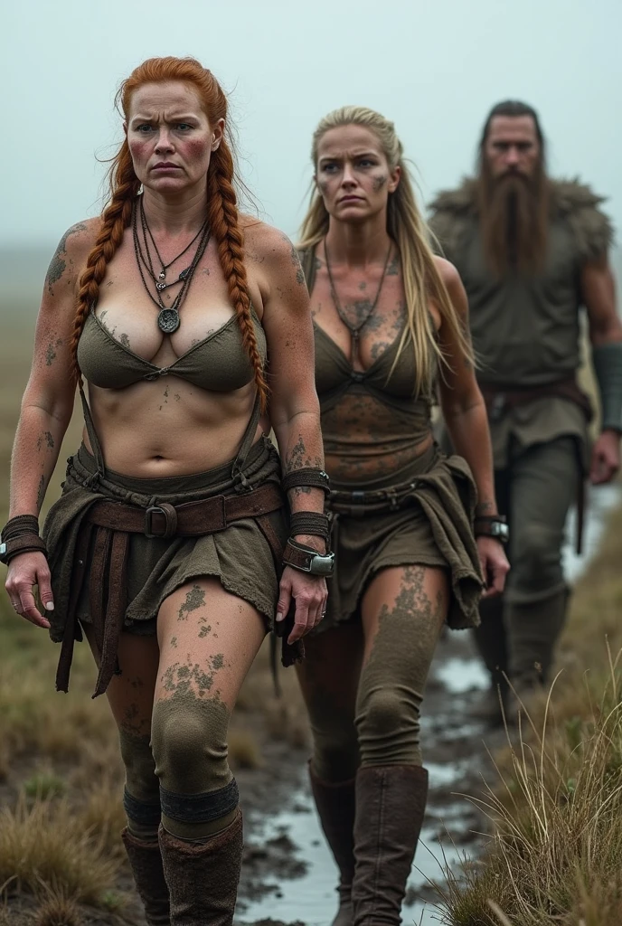 Three figures walk barefoot: two women (they appear in the foreground with excellent clarity) a and a slave man wrists restrained. The first woman is a chubby 80-year-old Viking, 1.90 meters tall, with fair skin, very large sagging breasts, and a muscular, toned body. Her face, marked by fatigue from a long journey, is strikingly beautiful, with large green eyes and slightly cracked lips, staring directly at the camera with intensity. Her thick, red hair is styled in a single braid down her back. She appears dirty, covered in mud, with visible scrapes and bruises. She only wears a few tightly bound leather harness straps, pressing into her skin, along with Viking accessories.

Beside her, a 30-year-old Viking woman, also with fair skin, slender yet muscular, walks barefoot. Her long, blonde hair is styled in a neat braid, and her skin shows signs of days without bathing, with similar scrapes and bruises scattered across her body. She also wears a few tightly bound leather harness straps, pressing into her skin, and Viking accessories. Her beautiful face, with large green eyes and full lips, gazes at the camera with a look of determination.

Following behind them is a slave—a large, heavily built Viking man. His body is covered in mud and marked with numerous wounds, blood, and signs of deep sorrow and pain. He has long, unkempt hair and a thick, scraggly beard, adding to his appearance of defeat. His wrists are restrained by handcuffs, and he struggles to keep up with the women, stumbling as he walks, his expression weary and broken.

Both women walk with strength in their barefoot steps, while the enslaved man fights to maintain their pace.

High quality photography with excellent and details and clarity