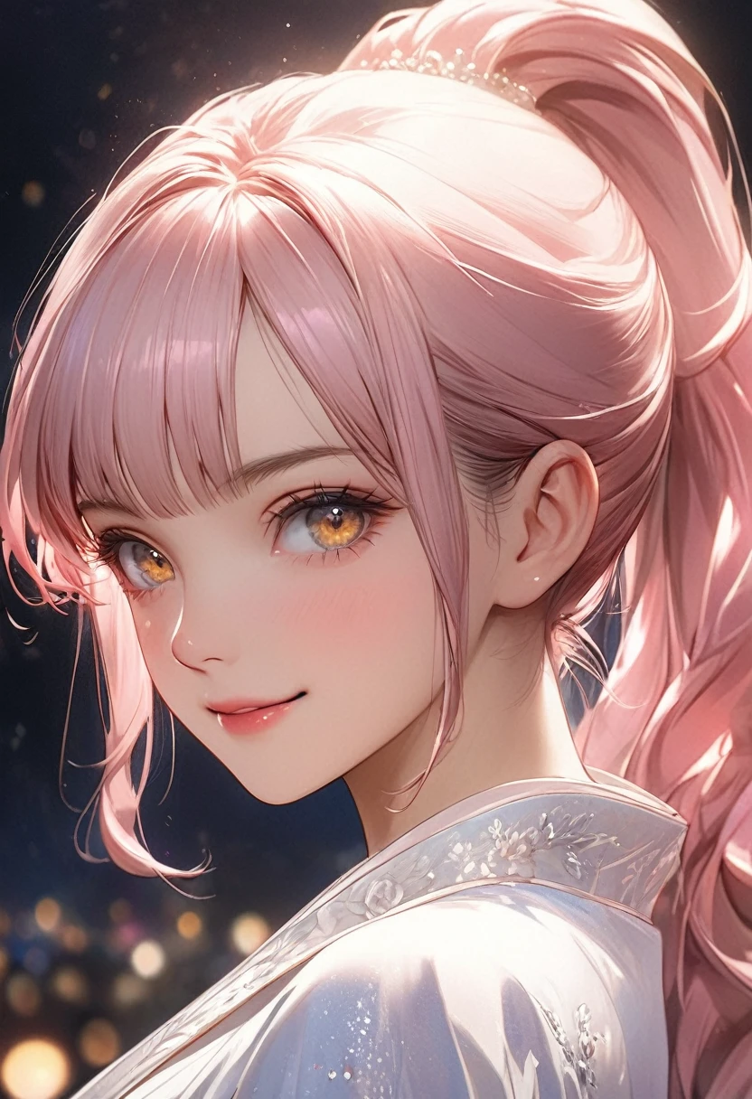 ((best quality)), ((Masterpiece)), (details), 1 woman, Medium bust, pink hair, golden eyes, ((Ponytail)), Bangs , curve, beautiful face, Beautiful skin , Long eyelashes, Thick eyelashes, realistic,Not smiling and charming, Look happy, Portrait, ใบหน้าที่มีdetailsมาก, ดวงตาที่มีdetailsมาก, A very delicate and elegant face, Sexy and feminine, movie light, No makeup, Look at the viewer., Night background, face portrait, brightcolors，8k , high-definition，(half-body portrait), Victoria