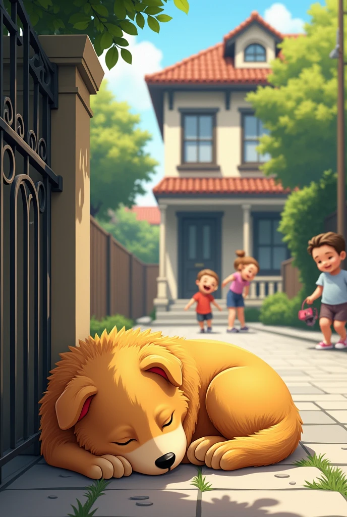 Yellow dog is sleeping on the street next to the house that brawn gate and children are playing on  this street 