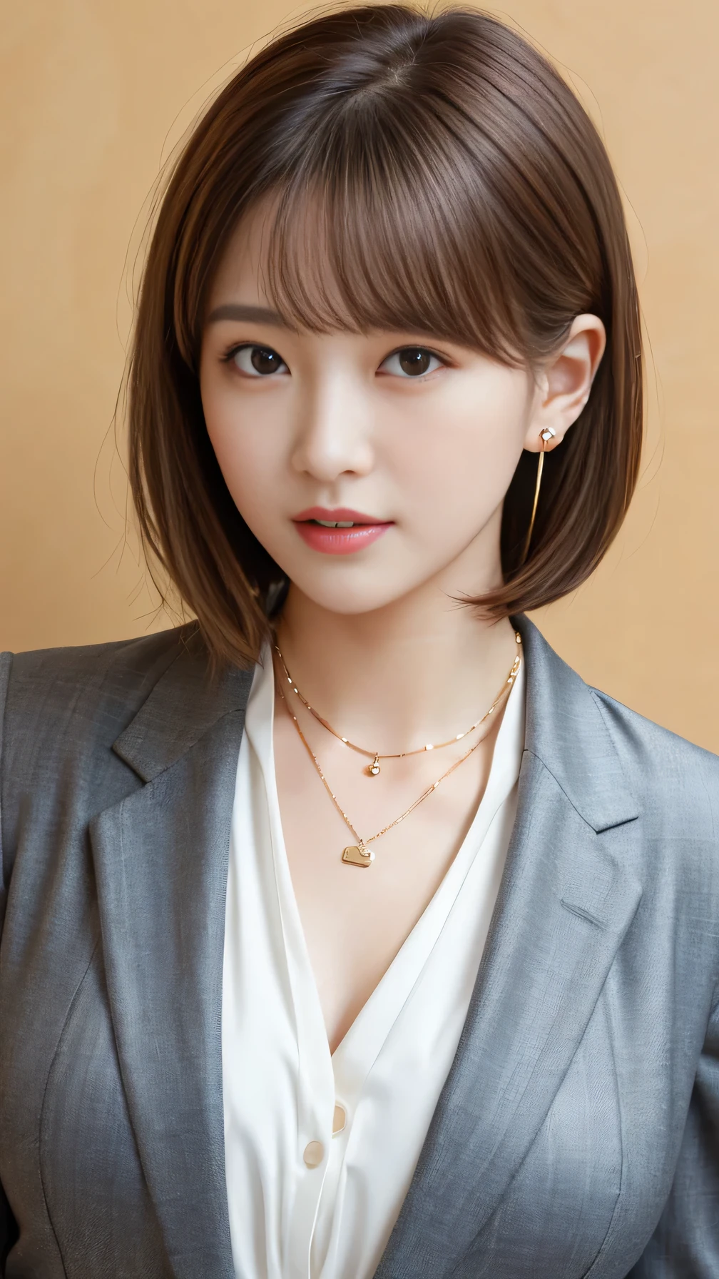 RAW Photos, High resolution, Very detailed, Intricate details, 、ear piercing、Expressionless、short hair、Light brown hair、Clear beauty,(High quality fabric, Office Lady Suits 、Necklace around the neck、, The background is the office