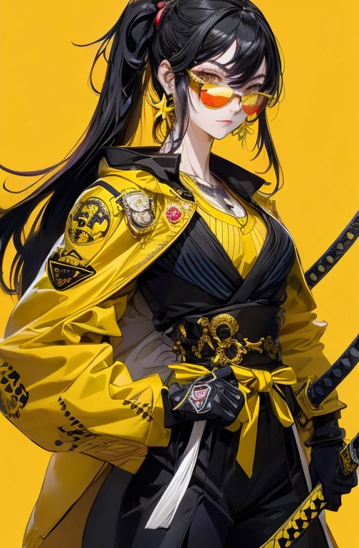 The image shows an illustration of a woman with a high hairstyle and loose locks, wearing yellow sunglasses and cross earrings. He wears a fitted white jacket with insignia and a pair of yellow tiger-print gloves.. He leans on the hilt of a katana with a yellow and black handle.. The background is a vibrant red that highlights the central figure.. The illustration combines modern elements with traditional Japanese touches..