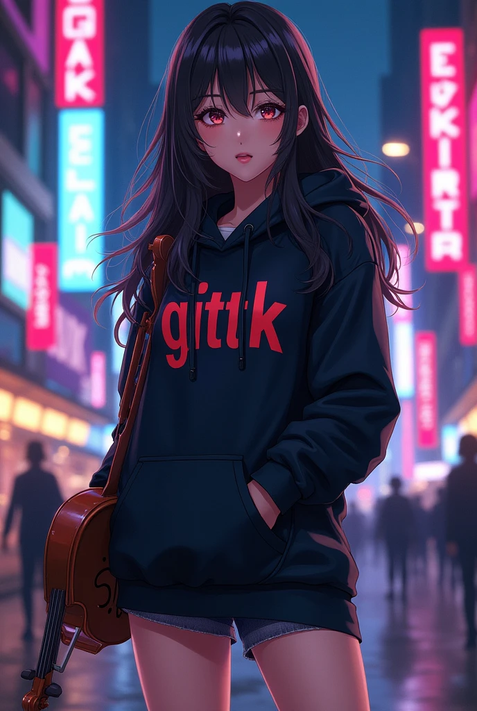 Create a character anime, {{background: capital text “GLBK”, night city}}, tanned skin,
realistic, HDR, handsome, japan style, full body, use violin, age 20, hoodie HD text: “GITTA”, female, long hair