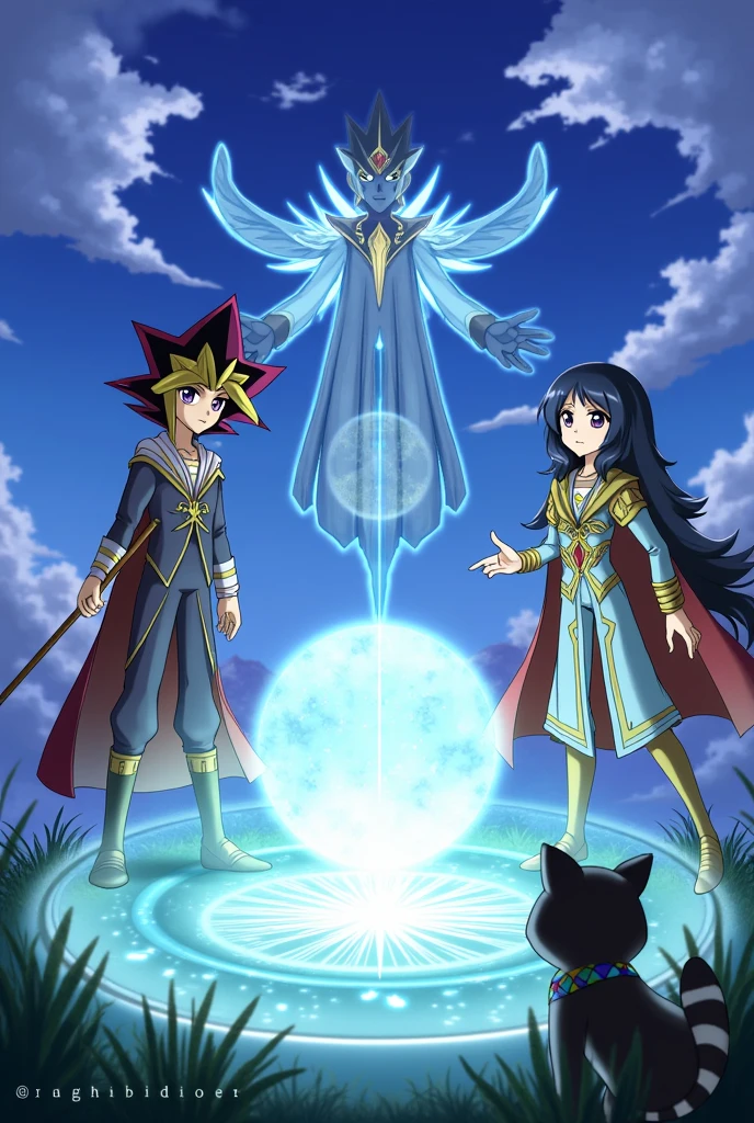 "Endymion", "double iris magician" and "bumbuku" racoon, all from yu gi Oh card game art, standing around a white and blue glowing crystal orb, which is floating in the center of the standing characters. Magic, feeric, background landscape, dynamic perspective, fullart, anime-like style, fullbody